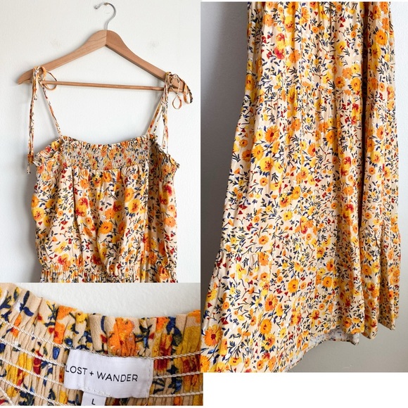 Lost + Wander Orange Yellow Floral Maxi Dress Boho Cottagecore Smocked Tiered L - Picture 11 of 12